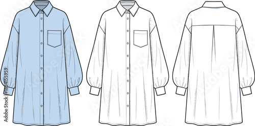 Shirt dress technical sketch, button front, collar, chest pocket, pleated back, cuffed sleeves, garment views, flat vector illustration