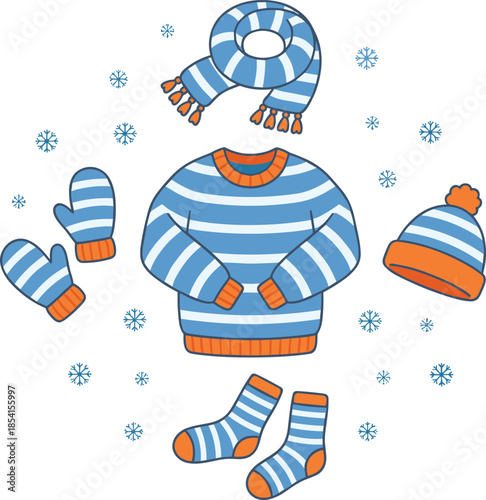 Striped winter clothing and accessories illustration, sweater scarf mittens socks hat, cozy seasonal fashion set, flat vector design