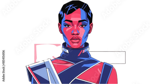 Illustration of a person wearing a futuristic blue and red costume
