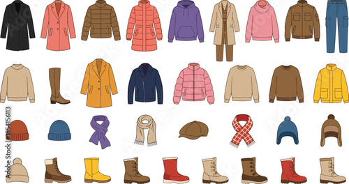 Winter clothing and accessories grid, coats, jackets, sweaters, boots, hats, scarves, seasonal fashion set, flat vector illustration