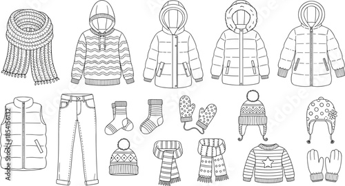 Winter clothing line art, jackets, sweaters, scarves, hats, mittens, socks, pants, seasonal outfit sketch, black and white, flat vector illustration