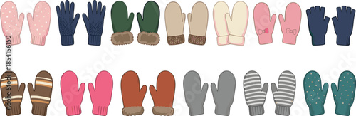 Winter gloves and mittens collection illustration, colorful handwear styles, cozy seasonal accessories, flat vector fashion set