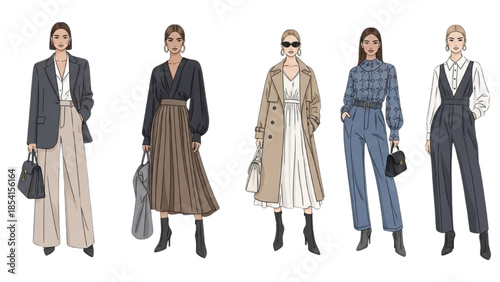 Diverse Women Showcase Various Fashion Styles and Outfits in Illustrations