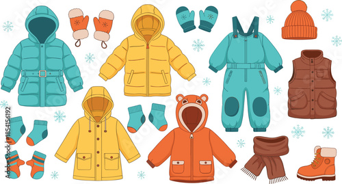 Winter kids clothing collection, jackets, coats, mittens, socks, boots, scarf, vest, snowflakes, warm outfit set, flat vector illustration