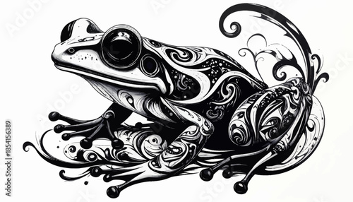 Detailed black and white illustration of a frog with ornate patterns.