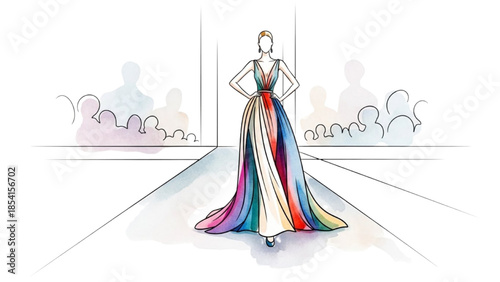 A model confidently walks down a runway wearing a vibrant, multicolored dress in front of an audience.