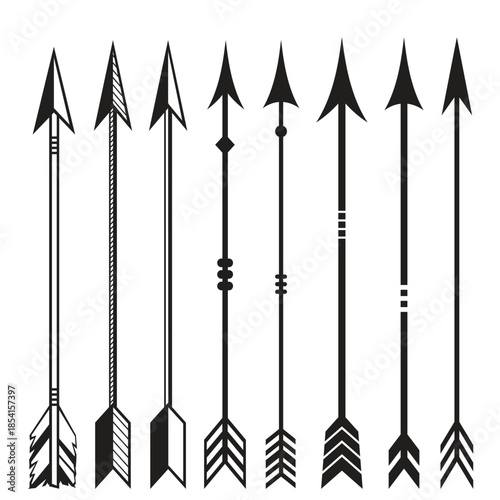 Diverse Collection of Decorative Tribal Arrow Silhouettes with Ornamental Shafts and Fletching