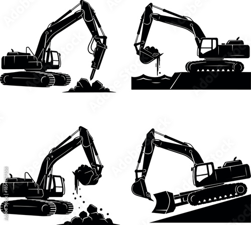 Black and White Excavator Silhouette Vector Set