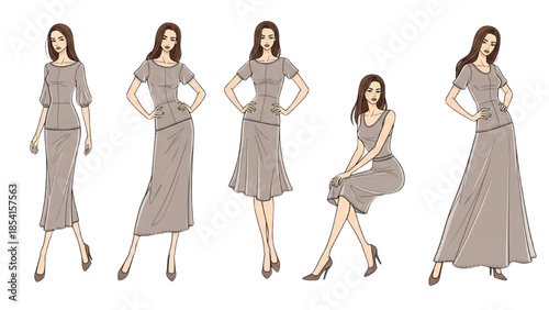 Fashion Illustration of a Woman in Various Poses and Outfits