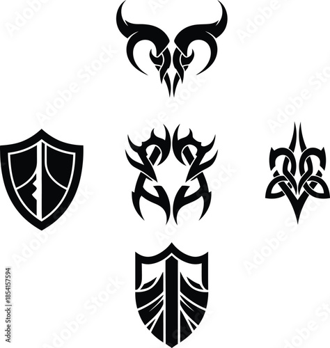 Symmetrical tribal vector icons featuring ram head horns celtic knot and shield ornaments for fantasy gaming and tattoo art.