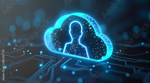 Digital identity in cloud computing storage concept. User silhouette inside glowing cloud icon on futuristic circuit board background.