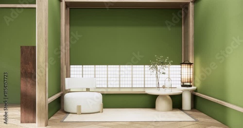 Green dark wall empty room, Modern japanese, room japanese traditional style. 3D rendering