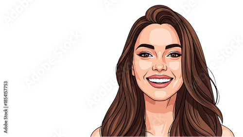 Illustration of a smiling woman with long brown hair against a white background