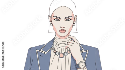 A stylish woman adjusts her turtleneck while wearing a watch and blazer in a minimalist illustration from a frontal viewpoint