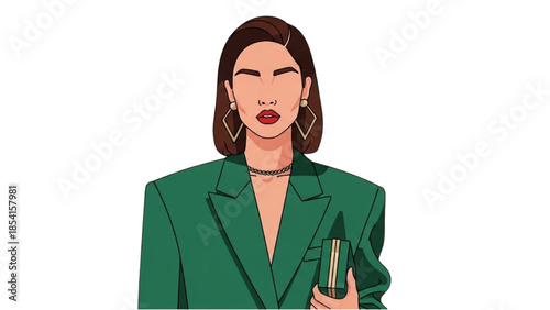 A confident businesswoman holding a tube of lipstick in her hand, dressed in a green blazer, standing against a white background, viewed from the front.