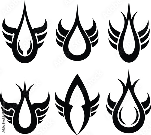 Abstract tribal wing graphics with stylized teardrop elements for creative tattoo art, branding and logo design projects.