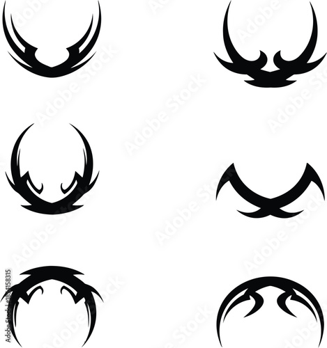Collection of symmetrical tribal horn vector ornaments with sharp curved elements for creative tattoo art and branding design.