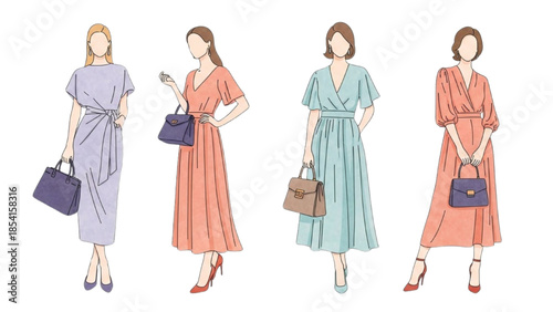 Four women in different colored dresses and handbags standing in a line