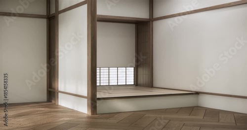 Empty Mock up living room, minimal style with wooden details background 3D illustration rendering