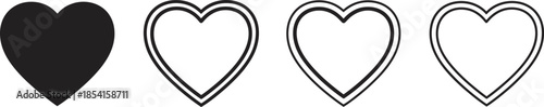 A series of four heart shapes with varying line styles and fill