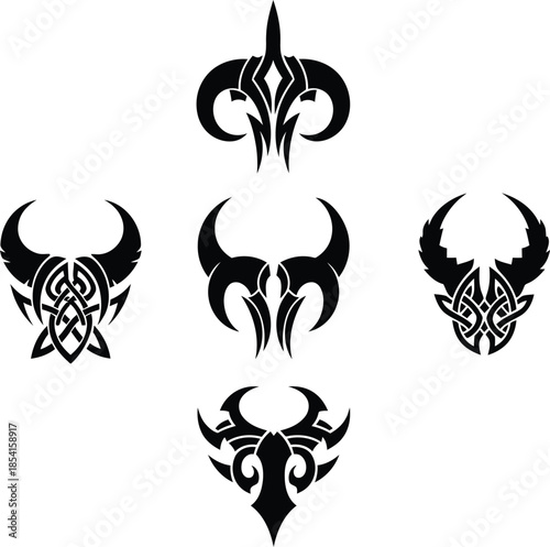 Symmetrical tribal vector ornaments featuring aggressive bull horn and celtic knot motifs for creative tattoo and apparel design.