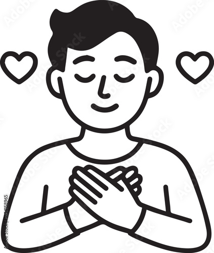 Inner Harmony and Self-Love: A person expresses self-love, holding hands over heart. Two floating heart symbols complement the serene scene, embodying self-acceptance.