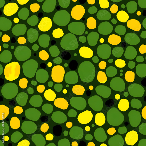 Abstract seamless geometric pattern of frog skin texture, amphibian. Bright yellow, black, and green natural background with colored spots. Multicolored fresh vegetable grains with corn and peas.