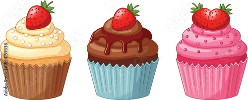 Cute cupcake trio with strawberry toppings, colorful frosting, dessert illustration, sweet bakery treats, pastel liners, flat vector illustration