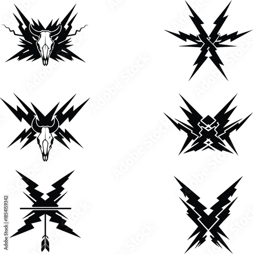 Sharp aggressive vector illustrations with steer skulls and electric lightning motifs for streetwear and tattoo art projects.