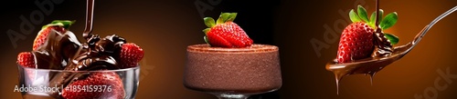 Obraz  z motywem Creative food collage of chocolate sauce pouring on strawberries and mousse dessert on dark background