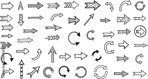 Hand-drawn arrow collection with curved, zigzag, circular, patterned and directional styles, sketch icon set, flat vector illustration