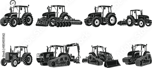Silhouettes of tractors and heavy machinery with plows, harrows, tracked vehicles, and diverse farming and construction equipment