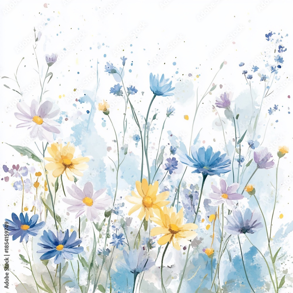 Obraz premium Watercolor wildflowers meadow, pastel blooms, spring, card design