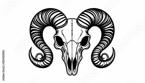 Detailed vector illustration of a ram skull with curled horns on white.