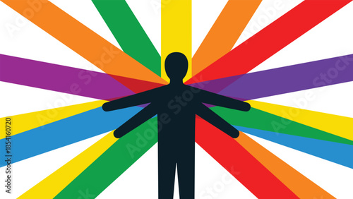 Silhouette with arms outstretched, multicolored radial burst, black figure, diversity symbol, inclusion energy, human identity, vibrant rays, white background