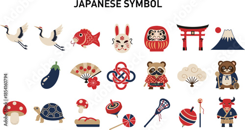Japanese symbols, traditional icons, folklore elements, cultural motifs, crane, koi fish, Daruma, Mount Fuji, Torii gate, flat vector illustration