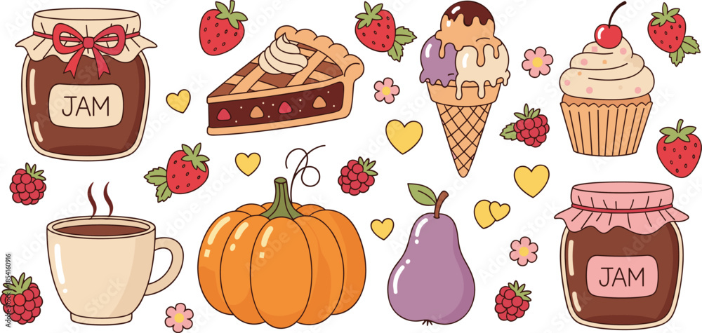 Fototapeta premium Whimsical food and fruit collection with jam jars, pie, ice cream, pumpkin, hearts and flowers, flat vector illustration