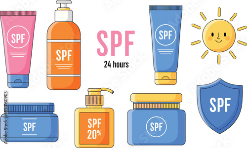 Sunscreen products, SPF protection, sun care packaging, summer skincare essentials, UV shield, daily sunblock, cosmetic tubes, flat vector illustration