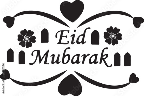 Eid Mubarak Heart Label with Minimalist Flowers and Flourishes