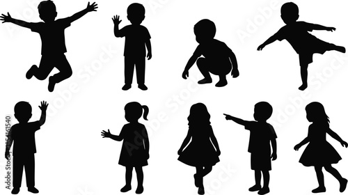 Silhouettes of playful children, black figures, jumping, waving, squatting, balancing, pointing, expressive movement, childhood energy, posture variety, white background