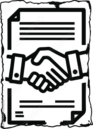 Handshake Agreement: An elegant black and white illustration depicts a firm handshake sealing a vital agreement. Symbolizing unity and shared commitment.
