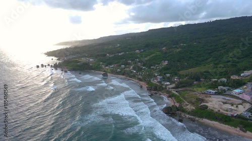 Bathsheba Beach aerial view including mushroom rock in village of Bathsheba, Saint Joseph, Barbados. 