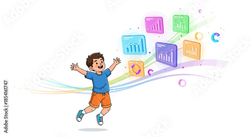 Cheerful boy leaps with excitement as colorful data graphs float around him creating an atmosphere