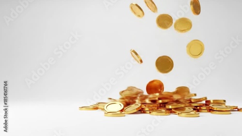 Golden coins falling and accumulating on a white surface, representing wealth and prosperity.