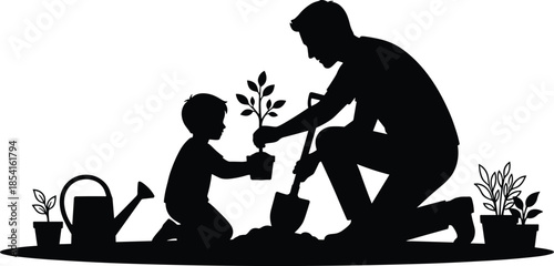 Father teaching child gardening outdoors, family bonding moment, planting together concept, parenting and learning, silhouette illustration, nature care, growth and responsibility theme