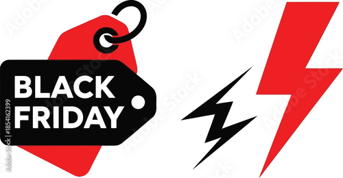 Black Friday sale tag with lightning bolt icon, red and black colors, shopping and retail concept