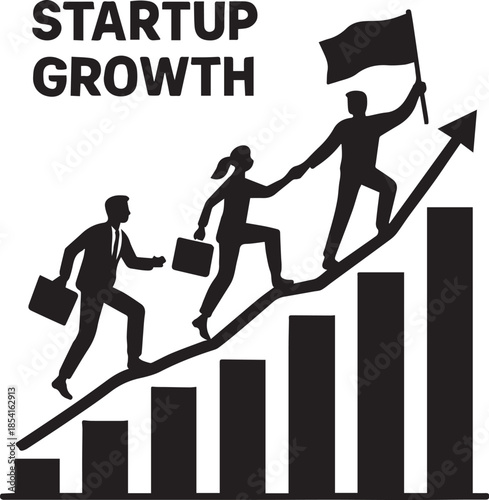 Startup Growth: A dynamic depiction of individuals scaling a rising graph, symbolizing progress and ambition with a flag atop the summit representing ultimate goals and success.
