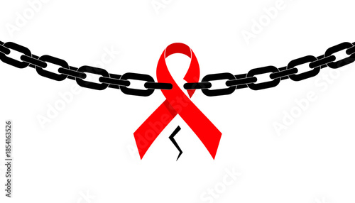 Red ribbon and broken chain on white background, symbol of HIV awareness.