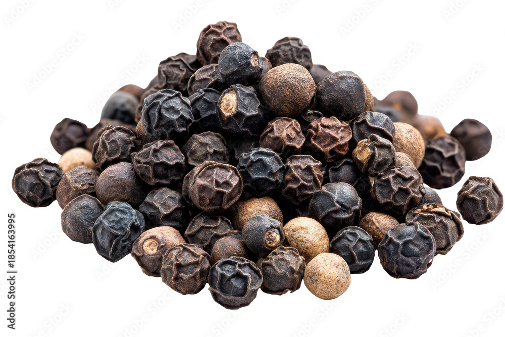 Obraz premium Heap of whole black peppercorns isolated on transparent background. Pile of mixed peppercorns showing black white red and green varieties isolated on white background.