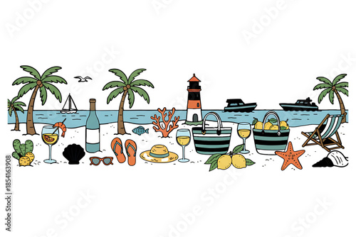 tropical island with palm trees,
Summer Vacation Doodle Vector Set – Hand-Drawn Italian Coast & Beach Illustrations